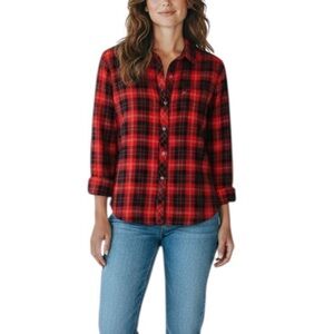 Levi's Plaid Boyfriend Cut Western Long Sleeve Button Down Shirt Large Red